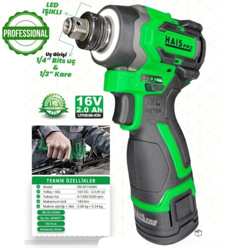 HaisPro 180 Nm Tork Akülü Somun Sıkma - Profesyonel Akülü Vidalama - 2x2 Ah Çift Akü - RB-SD1608W